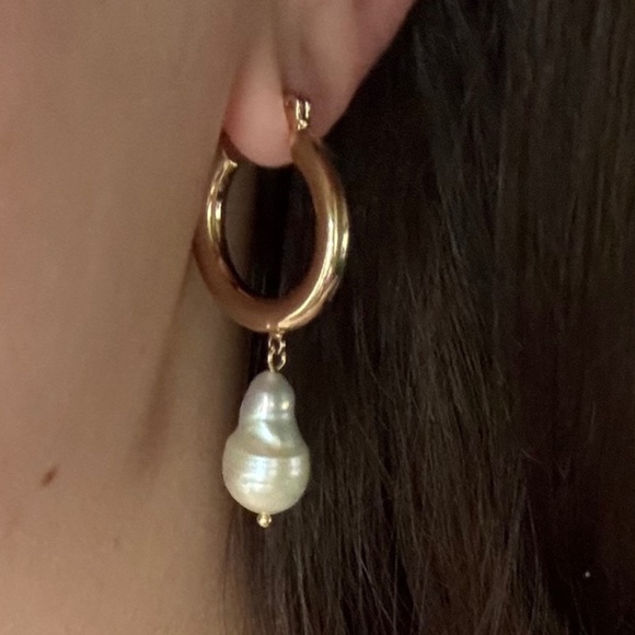 Jewelry - Golden Baroque Pearl Hoop Drop Earrings Coastal
